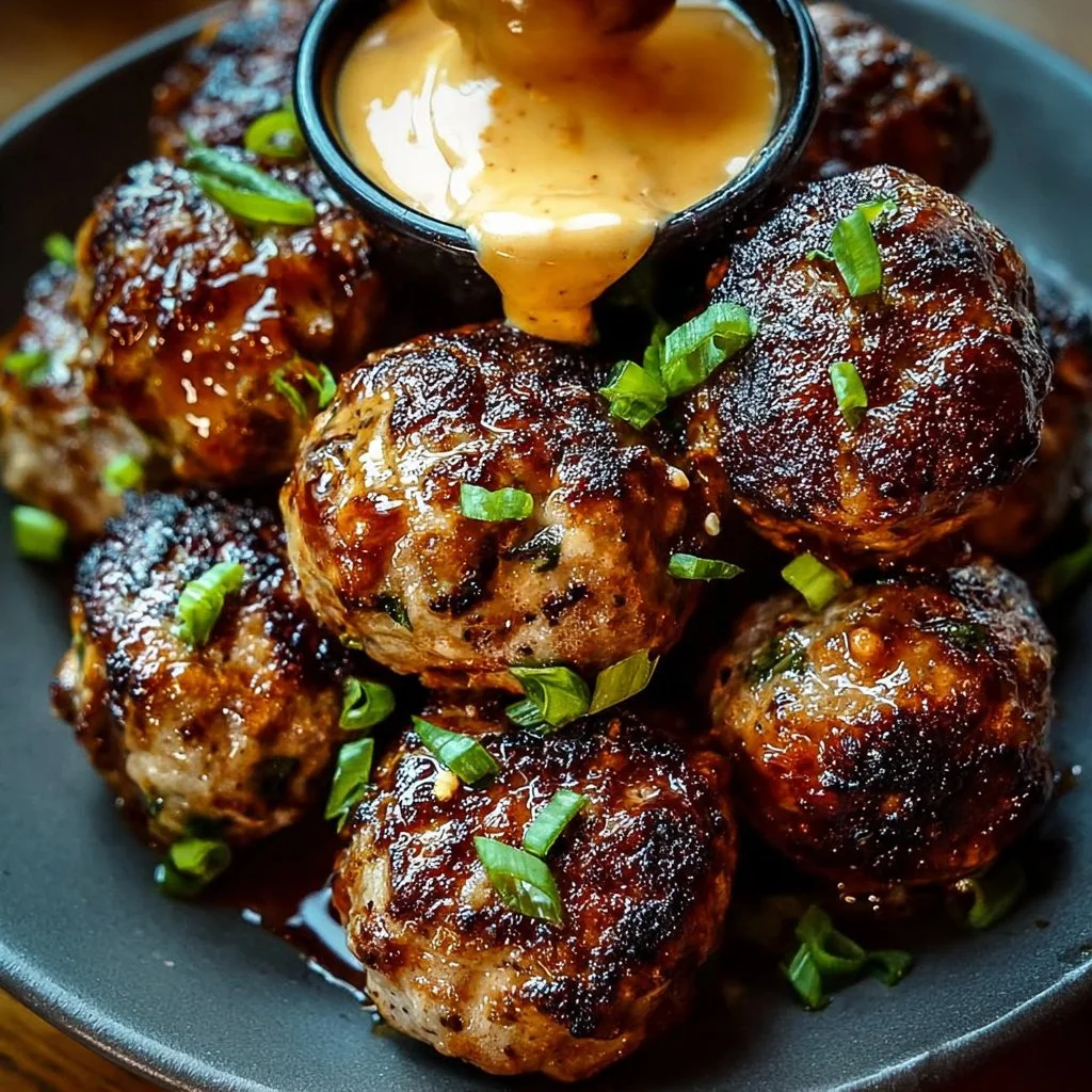 Korean BBQ Meatballs served with a spicy mayo dip on a platter