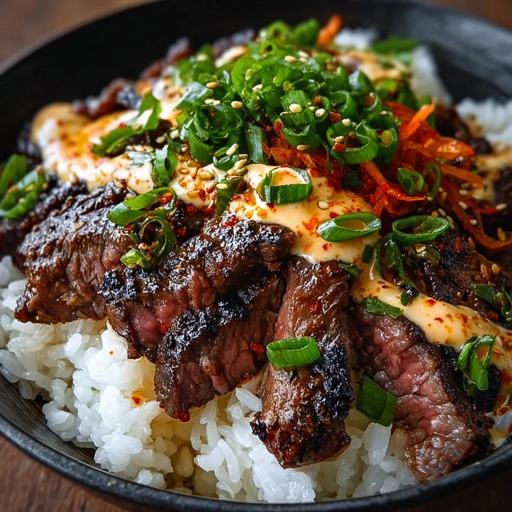 Korean BBQ steak rice bowls topped with fresh vegetables and sesame seeds.