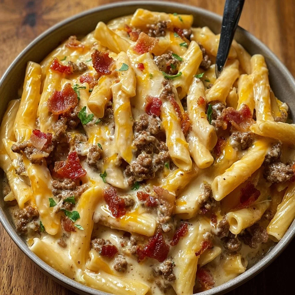 Delicious Loaded Bacon Cheeseburger Alfredo Pasta topped with crispy bacon and cheese