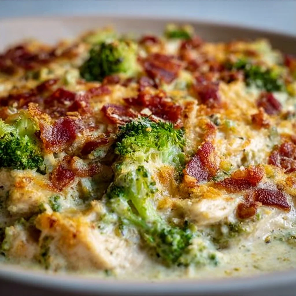 Low-carb chicken casserole topped with cheese and fresh herbs