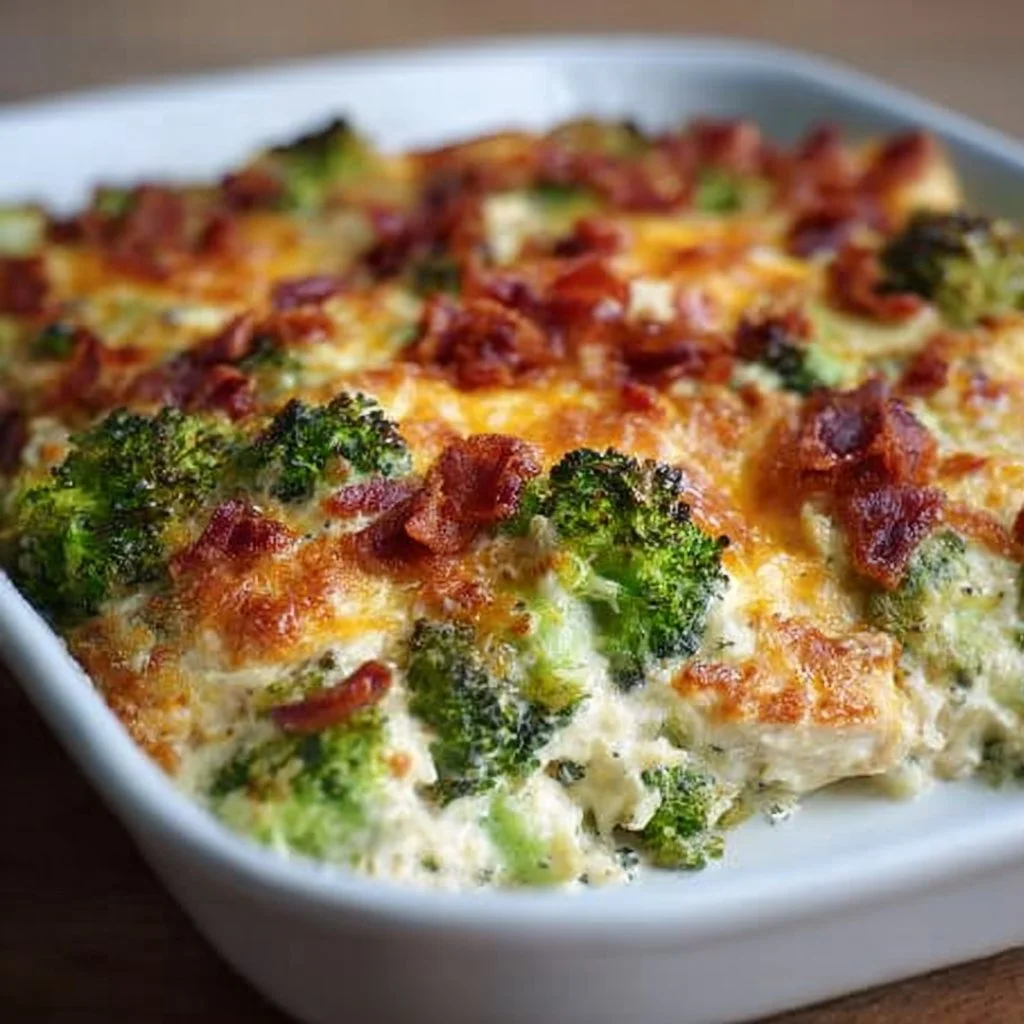 Low-carb chicken casserole with broccoli and bacon in a baking dish