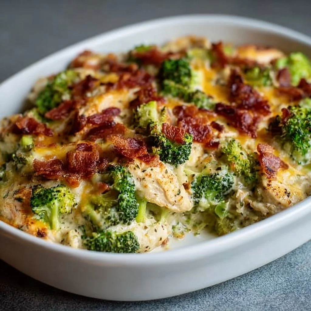 Creamy Low Carb Chicken Casserole with Broccoli and Bacon