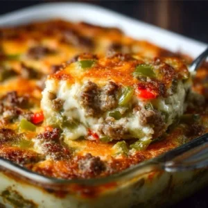 Low Carb Philly Cheesesteak Casserole topped with cheese and peppers
