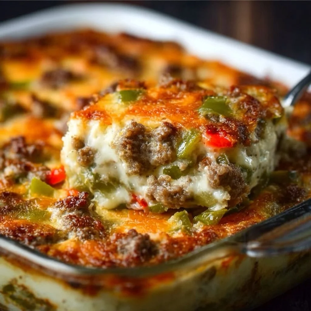 Low Carb Philly Cheesesteak Casserole topped with cheese and peppers