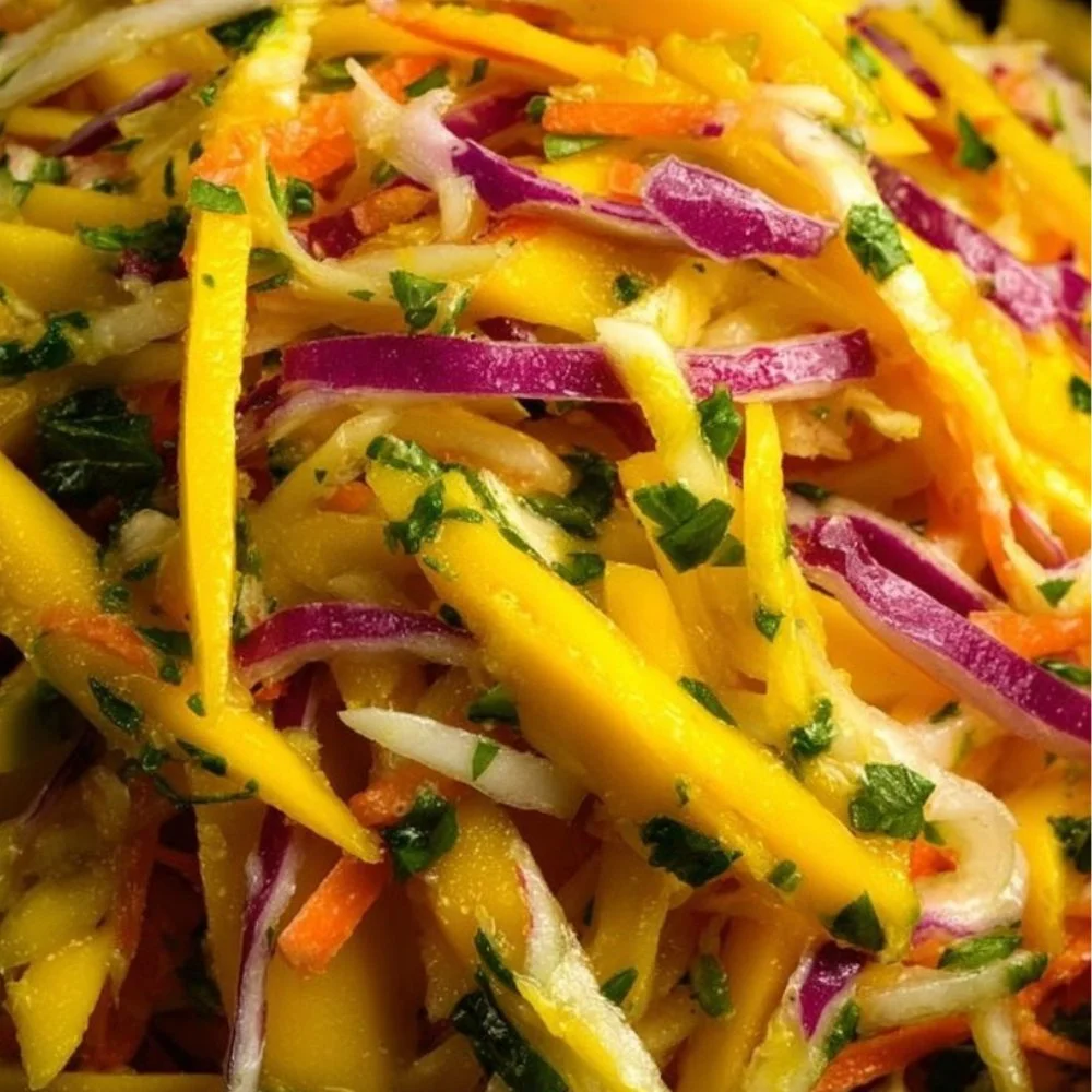 Colorful bowl of Mango Slaw with fresh mango, cabbage, and dressing
