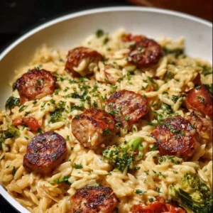 One-pan creamy orzo with chicken sausage garnished with herbs