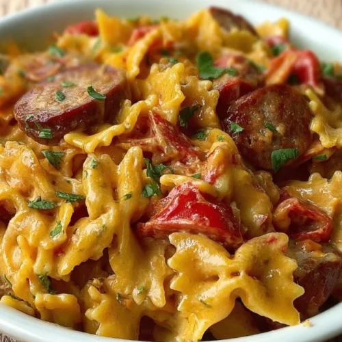 One pot creamy Cajun sausage pasta served in a bowl