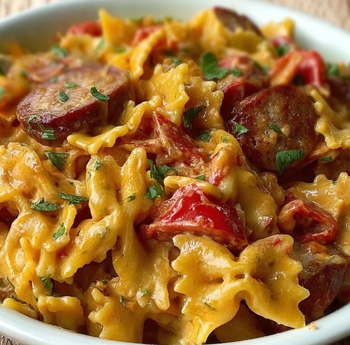 One pot creamy Cajun sausage pasta served in a bowl