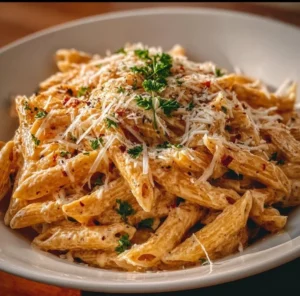 Delicious one pot creamy garlic pasta topped with herbs and parmesan cheese