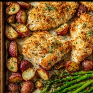 Parmesan Crusted Chicken on a sheet pan with colorful vegetables