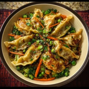 Colorful potsticker stir fry with vegetables and sauce in a skillet