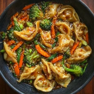 Delicious potsticker stir fry served with fresh vegetables and sauces