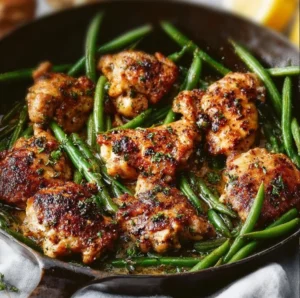 Skillet garlic butter chicken served with fresh green beans