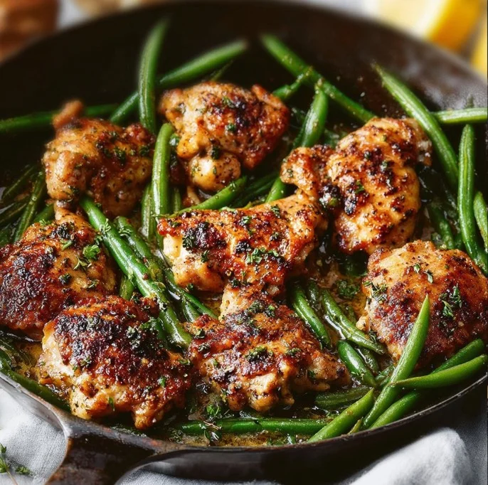 Skillet garlic butter chicken served with fresh green beans