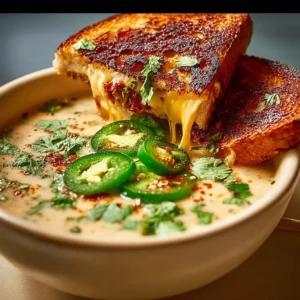 Bowl of spicy jalapeño popper soup with grilled cheese dippers on the side