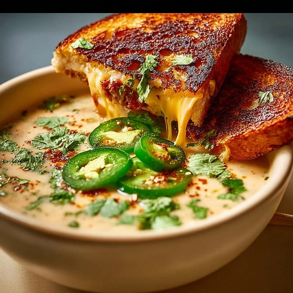 Bowl of spicy jalapeño popper soup with grilled cheese dippers on the side