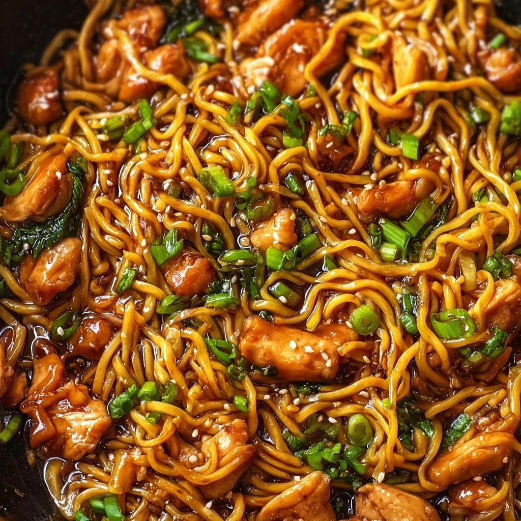 Sticky garlic chicken noodles served in a bowl