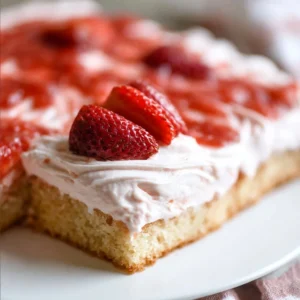 Strawberry jam sheet cake with cream cheese frosting on a white plate