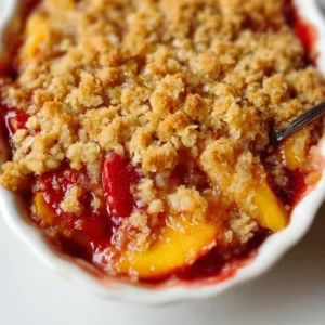 Delicious Strawberry Peach Crisp dessert with golden topping and fresh fruits