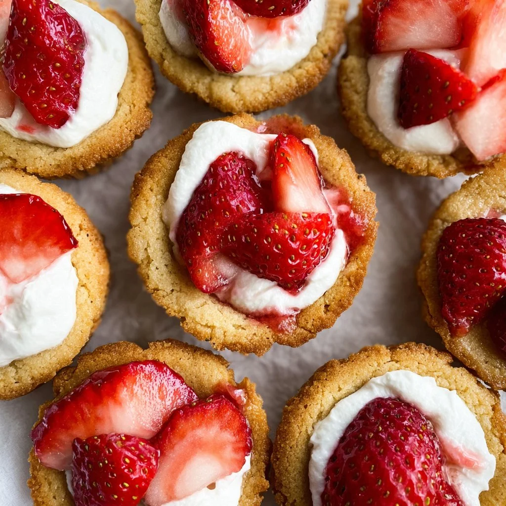 Strawberry shortcake cookie cups topped with fresh strawberries and whipped cream