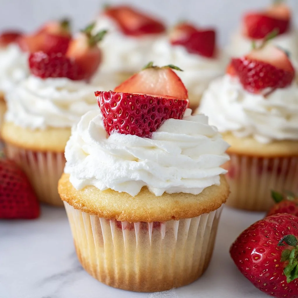 Strawberry shortcake cupcakes topped with fresh strawberries and whipped cream