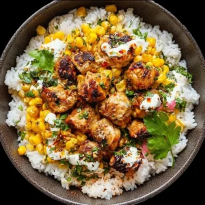 Delicious Street Corn Chicken Rice Bowl with grilled chicken and corn