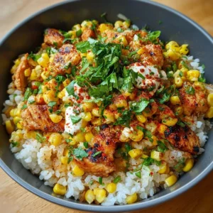 Delicious Street Corn Chicken Rice Bowl with grilled chicken and corn toppings