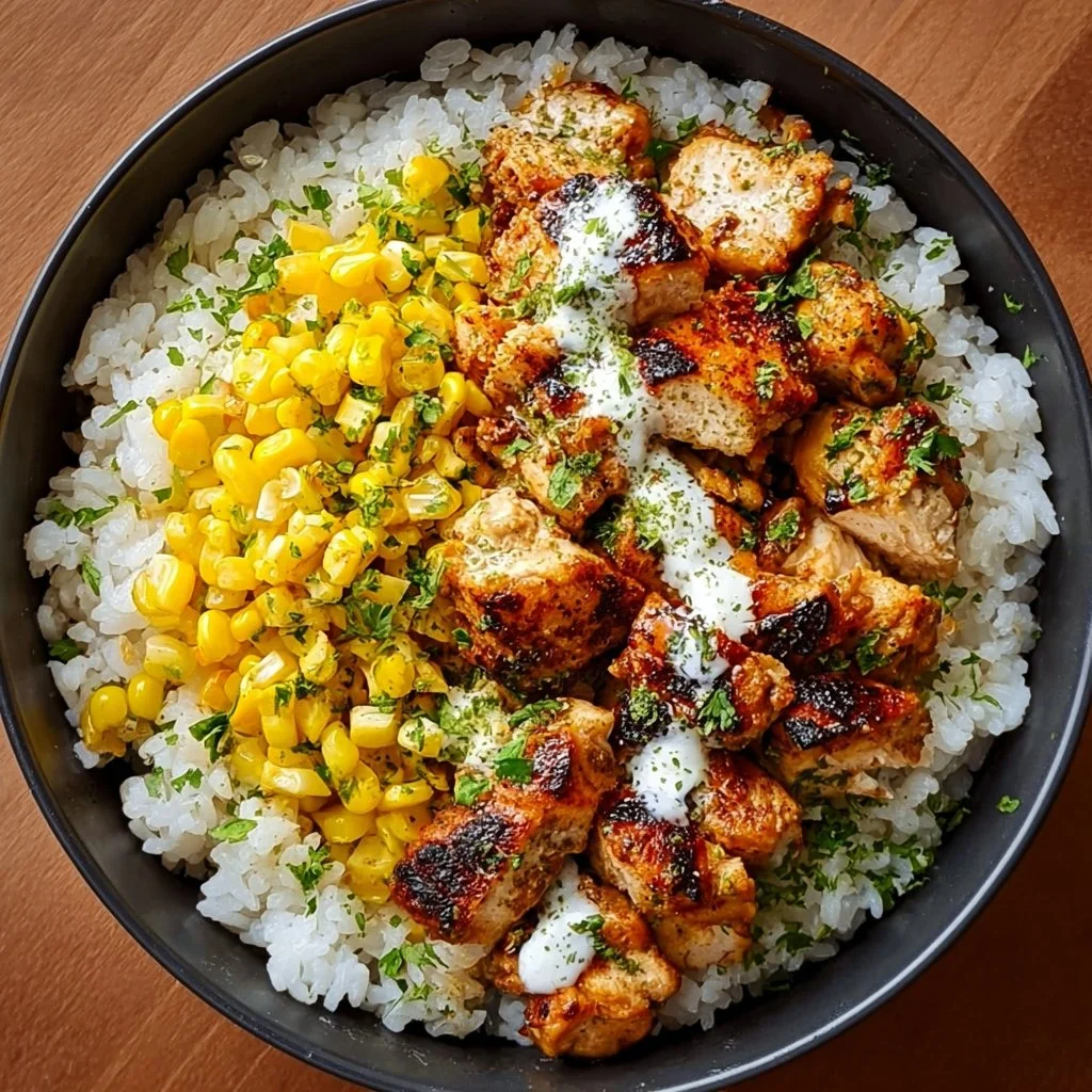 Delicious Street Corn Chicken Rice Bowl featuring grilled chicken and fresh corn.