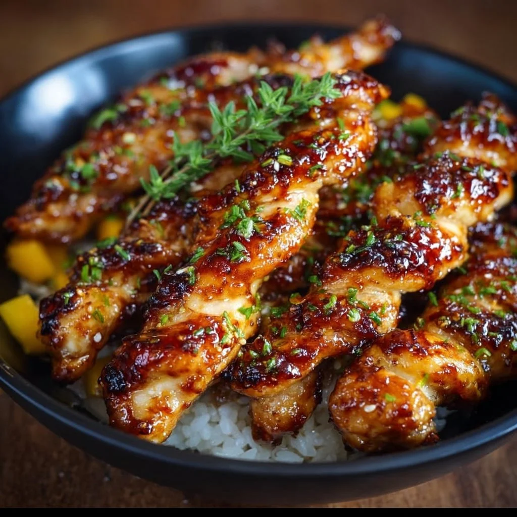Asian mango glazed chicken twists served on a plate garnished with fresh herbs