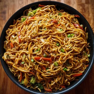 Bowl of teriyaki noodles with vegetables and sesame seeds