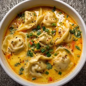 Bowl of Thai coconut curry dumpling soup garnished with fresh herbs
