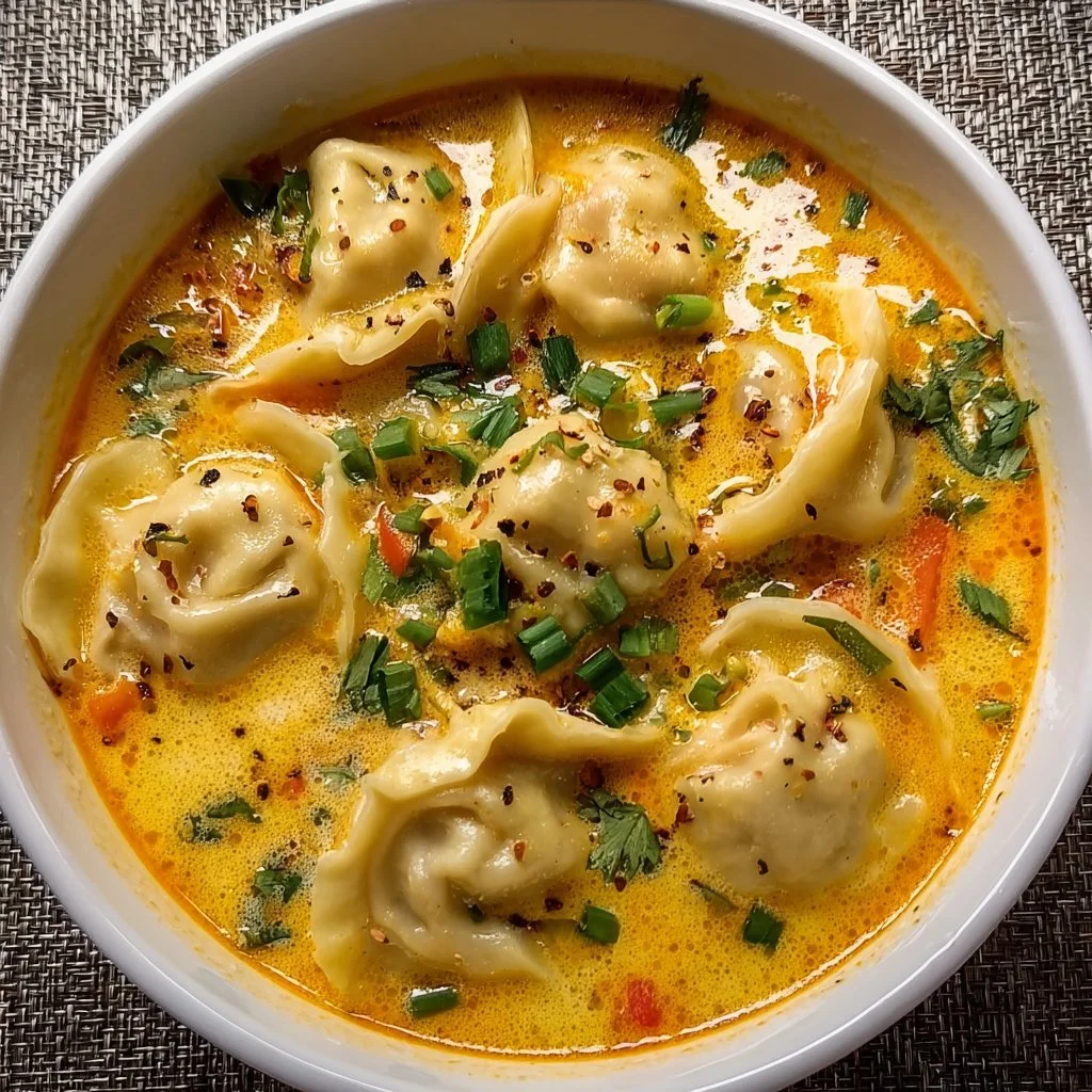 Bowl of Thai coconut curry dumpling soup garnished with fresh herbs
