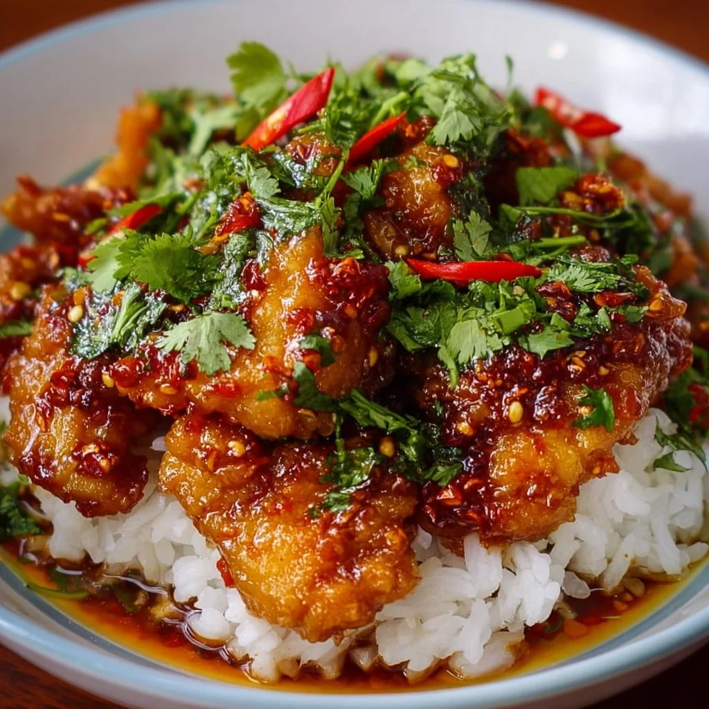 Plate of Thai Sweet Chili Chicken garnished with fresh herbs