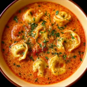 Delicious Tomato Tortellini Soup with fresh basil and parmesan cheese