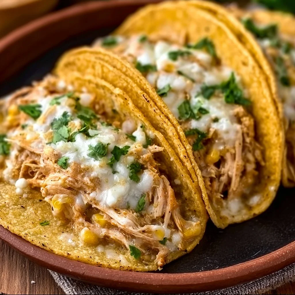 Delicious white chicken chili tacos garnished with fresh ingredients