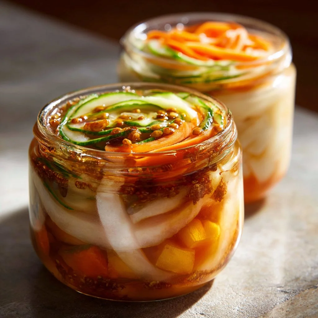 Diverse selection of homemade fermented foods including kimchi, yogurt, and sauerkraut.