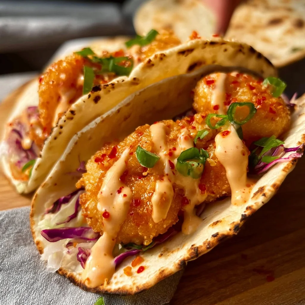 Air Fryer Bang Bang Shrimp Tacos served with fresh toppings