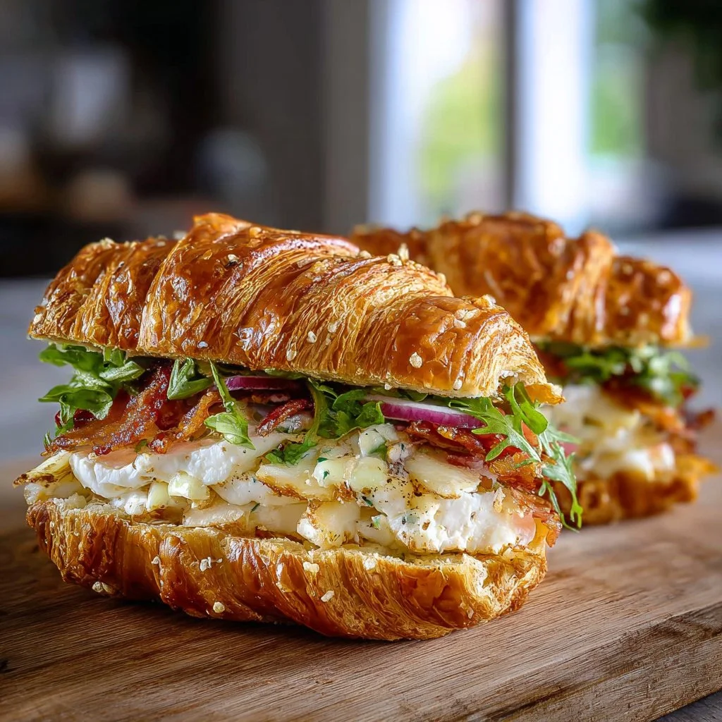Apple and goat cheese croissant sandwich, a gourmet delight for breakfast or lunch.