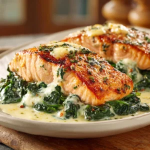 Baked salmon with spinach and mozzarella served on a plate