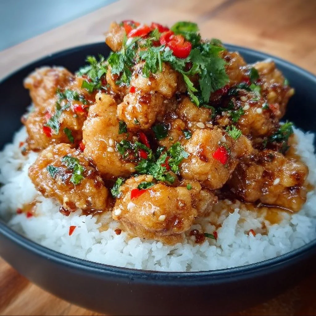 Plate of Bang Bang Chicken garnished with herbs and spicy sauce