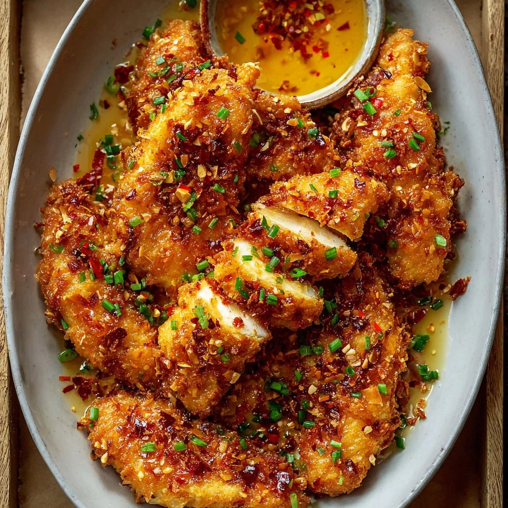 Plate of Bang Bang Chicken garnished with fresh herbs and chili flakes