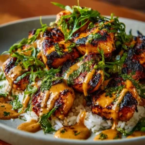 Delicious Bang Bang Chicken Bowl served with fresh vegetables and spicy sauce