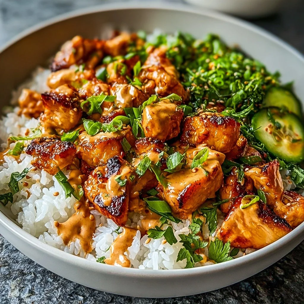 Delicious Bang Bang Chicken Bowl with spicy chicken and fresh veggies