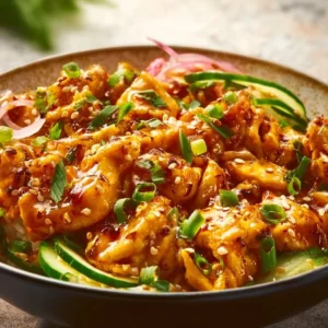 Delicious Bang Bang Chicken Bowl topped with spicy sauce and fresh vegetables
