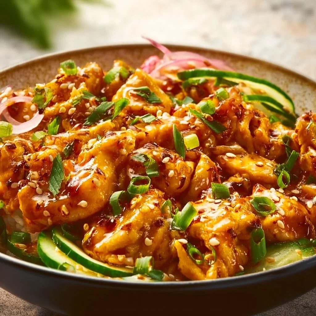 Delicious Bang Bang Chicken Bowl topped with spicy sauce and fresh vegetables