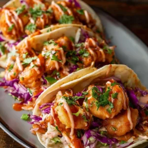 Delicious Bang Bang Shrimp Tacos served with fresh ingredients and creamy sauce
