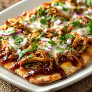 BBQ chicken flatbread topped with fresh herbs and cheeses