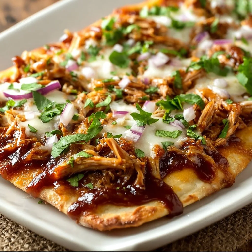 BBQ chicken flatbread topped with fresh herbs and cheeses