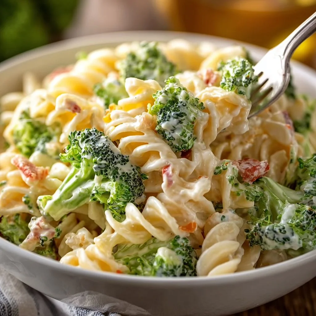 Delicious broccoli pasta salad with fresh vegetables and dressing