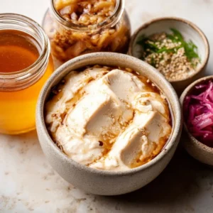 A variety of fermented foods promoting gut health, including kimchi and yogurt.